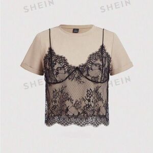 SHEIN MOD Lace Panel Round Neck Cut-Off T-Shirt, Summer